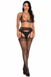 Sexy Paire de Bas Ouverts avec Strass et Soutien-Gorge