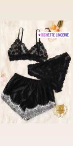 Ensemble Soie/Dentelle Noir 3 pièces