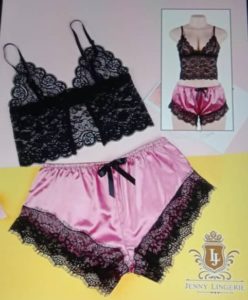 Ensemble Soie/Dentelle Rose Noir