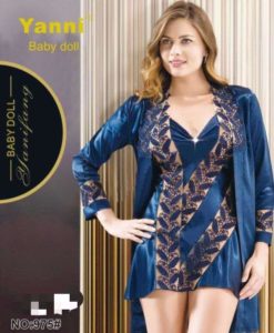 Nuisette + Déshabillé en Soie Bleu XL