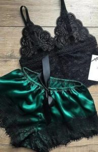 Ensemble Soie/Dentelle 2 pièces Noir Vert